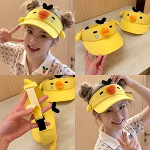 Cute cartoon yellow chick sun visor hat with 3D plush beak and adjustable back strap