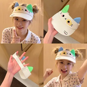 Cute white sun visor hat with 3D cat ears and embroidered face detail for women