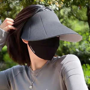 Women's wide brim sun visor hat with matching black face mask for outdoor UV protection