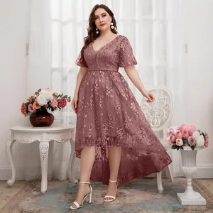 Abito da Sera Plus Size Donna Scollo a V Ricamo Floreale Rete Orlo Alto-Basso Elegante Pizzo Festa Ballo Con Cintura