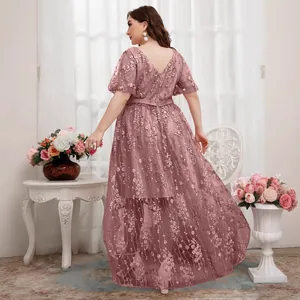 Elegante abito da sera color malva taglie forti con ricami floreali per feste ballo