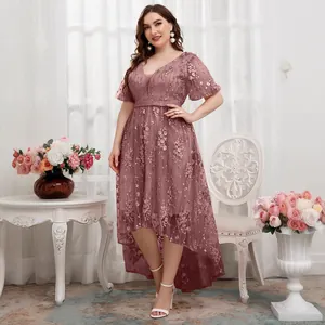 Elegante abito da sera rosa antico con scollo a V, ricamo a rete e orlo asimmetrico