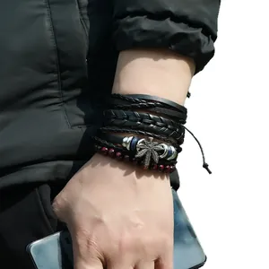 Ensemble de bracelets en cuir tressé multicouche pour hommes avec feuille d'érable