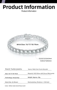 Technical specification table for S925 sterling silver moissanite tennis bracelet