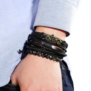 Stylish men's vintage multi-layer black leather bracelet set with motorcycle charm