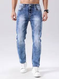 Pantalon en Jean Denim pour Hommes Coupe Ajustée Droite Vintage Bleu Clair Lavage à l'Acide Broderie Poche Arrière Mode