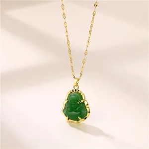 Gold titanium steel necklace with green faux jade Maitreya Buddha pendant for women