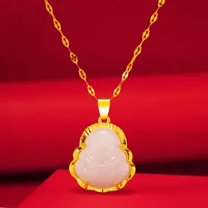 Close-up of elegant gold-plated stainless steel necklace with faux jade Buddha pendant
