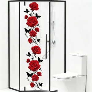 Romantic red rose and black butterfly waterproof static window sticker for glass decoration