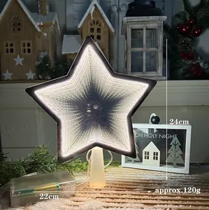 Macro view of 3D infinity tunnel LED Christmas tree topper star with dimensions.