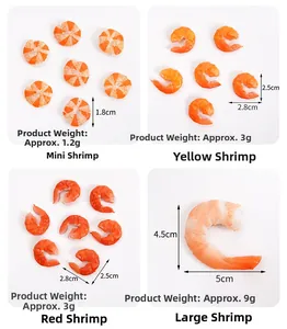 Size comparison of four realistic PVC shrimp models with detailed textures and colors
