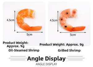 Macro detail of PVC shrimp models showing braised and roasted styles with dimensions