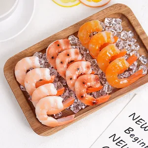 Realistic PVC cooked shrimp models on wooden tray with ice for food prop decor