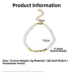 Détail d'un bracelet en perles d'eau douce avec accents dorés et dimensions précises