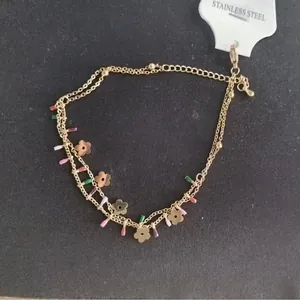 Double-layered stainless steel gold chain with colorful beads and flower pendants