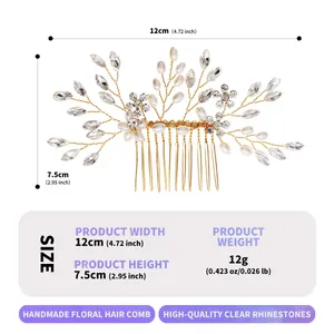 Elegant handmade floral hair comb with pearls and rhinestones for bridal weddings
