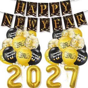 Happy New Year Party Decoration Banner Latex Aluminum Foil Balloons Cake Toppers Black Gold Celebration Supplies