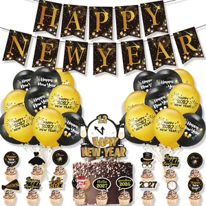 Complete 2027 New Year party decoration kit with black and gold balloons and banners.
