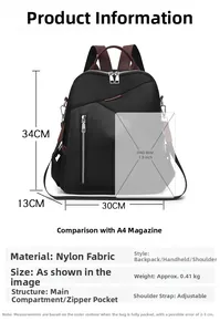 Size chart showing nylon backpack dimensions height 34cm width 30cm and thickness 13cm