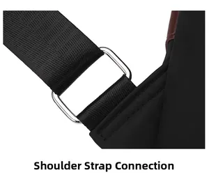 Detail of reinforced shoulder strap connection with metal ring on nylon backpack