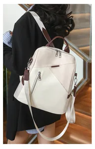 Detail of multi-functional backpack with stylish contrast leather trim and zipper pockets
