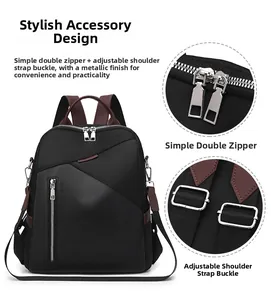 Detail view of smooth double zippers and adjustable shoulder strap buckles on black backpack