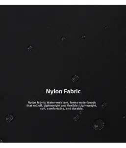 Macro view of waterproof nylon fabric with water droplets on black backpack surface