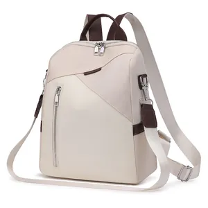 Multifunctional cream white backpack with brown accents and adjustable fabric straps
