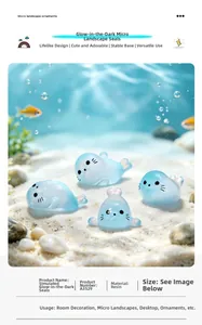 Set of four cute luminous blue seal resin figurines for micro landscape garden decor.