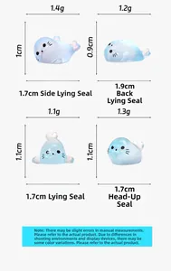 Detailed size and weight chart for cute blue seal figurines in four various poses