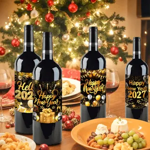 Decorative New Year 2027 wine bottle labels with gold and black festive party designs