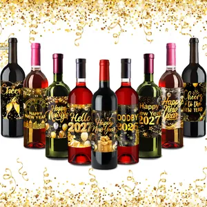 2027 Happy New Year wine bottle stickers with black and gold festive designs for party
