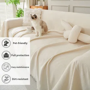 Cream white chenille sofa throw cover with pet-friendly and dirt-resistant features