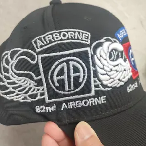 Detailed close-up of high-quality 3D embroidery on the 82nd Airborne baseball cap