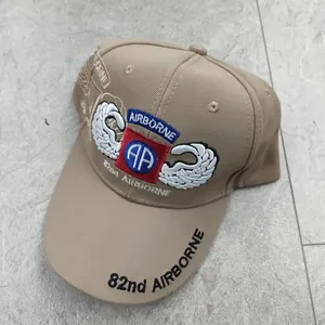 Detail of 82nd Airborne Division embroidery on khaki cotton tactical baseball cap
