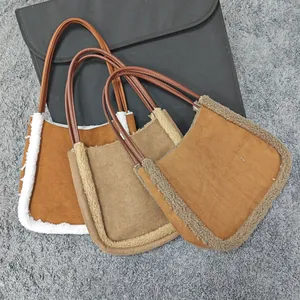 Women Faux Suede Sherpa Fleece Trim Handbag Contrast Color Shoulder Underarm Tote Bag PU Leather Strap Retro Winter Casual Satchel