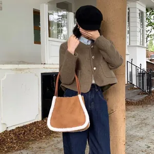 Brown suede tote bag with white faux fur trim for autumn fashion outfits