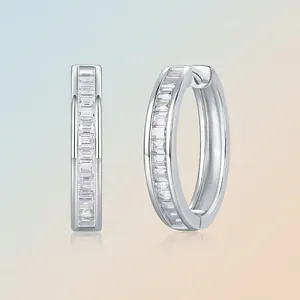 Elegant S925 sterling silver hoop earrings set with baguette-cut moissanite stones.