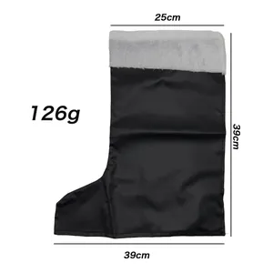 Detailed black leather Santa Claus boot cover with white fur trim and dimensions