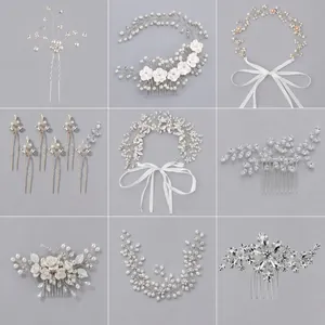 Bridal hair accessory set with handmade rhinestone flower combs and decorative pins