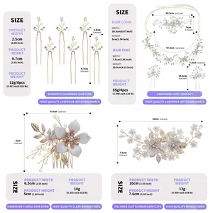 Detailed dimensions and weight specifications for various bridal hair accessory styles.