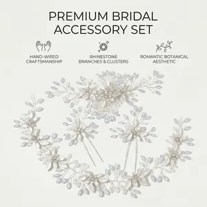 Elegant handmade bridal hair accessory set with silver leaf and blue rhinestone detail