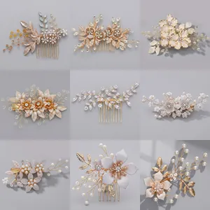 Set of 9 elegant bridal hair combs and clips with rhinestones and pearls for wedding