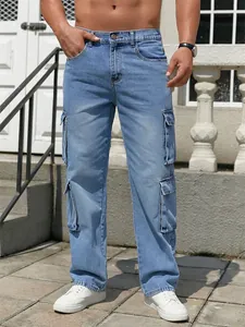 Men's Loose Wide Leg Cargo Jeans Washed Blue Multi-Pocket Denim Pants Retro Streetwear Fashion Casual Workwear Trousers