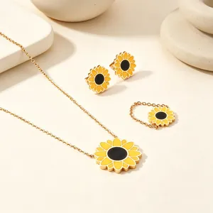 Detailed view of yellow enamel sunflower jewelry set including necklace and earrings