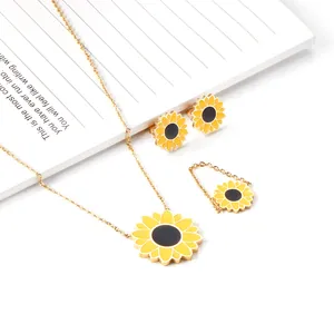 Detailed macro view of yellow enamel sunflower jewelry set crafted in stainless steel