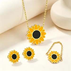 Daisy Flower Jewelry Set For Women Stainless Steel Enamel Floral Necklace And Stud Earrings Sweet Style