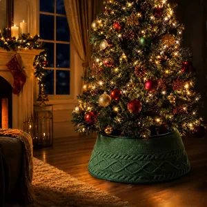 Cozy dark green cable knit Christmas tree collar with an elegant diamond pattern detail