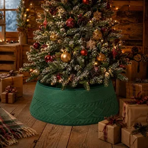 Green knitted Christmas tree collar with diamond cable pattern for home decor