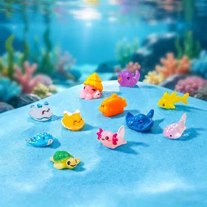 Collection of cute colorful cartoon marine animal resin miniatures in underwater setting